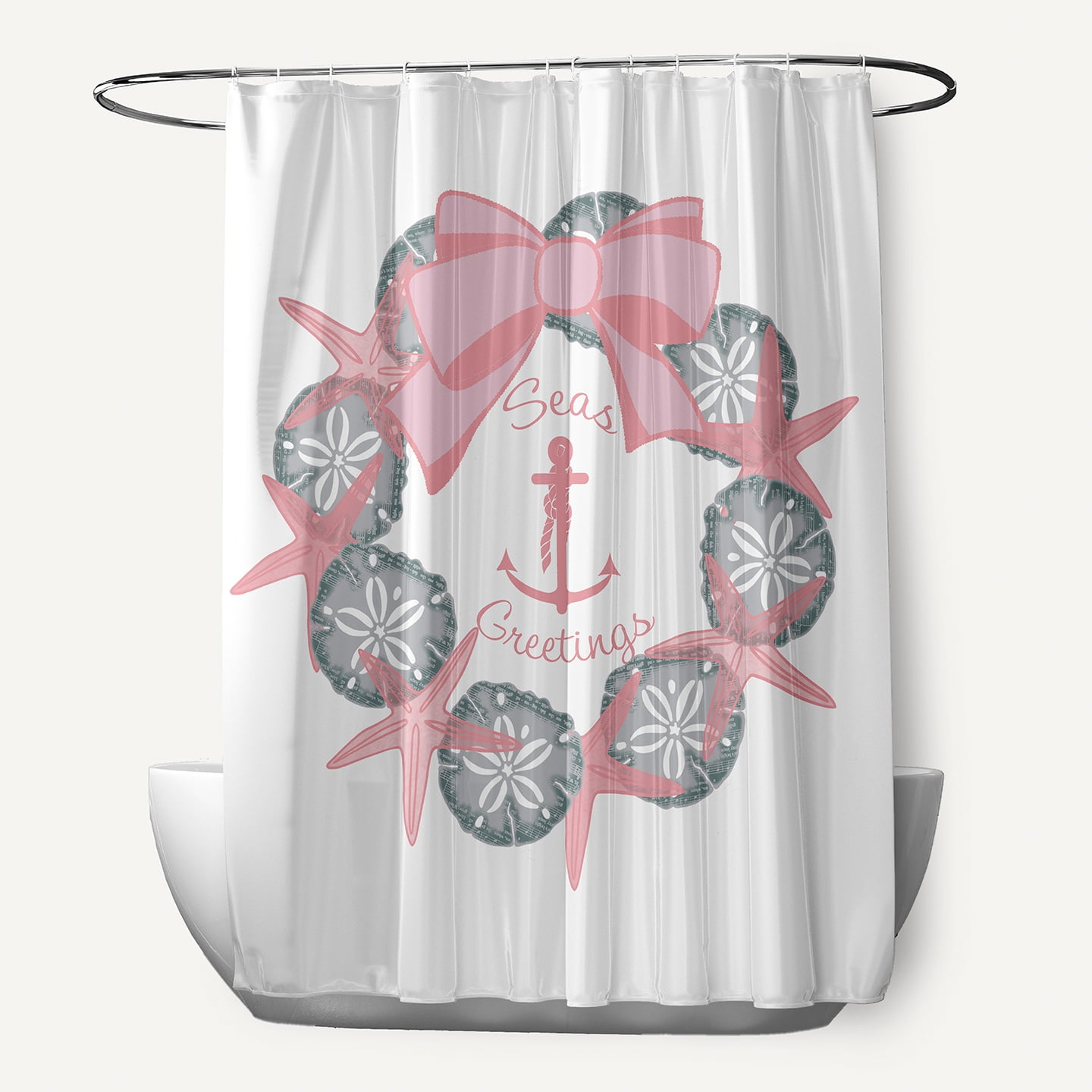 Simply Daisy 70" W x 73" L Seas and Greetings Wreath Polyester Shower Curtain, Pink Icing [1 Ct]
