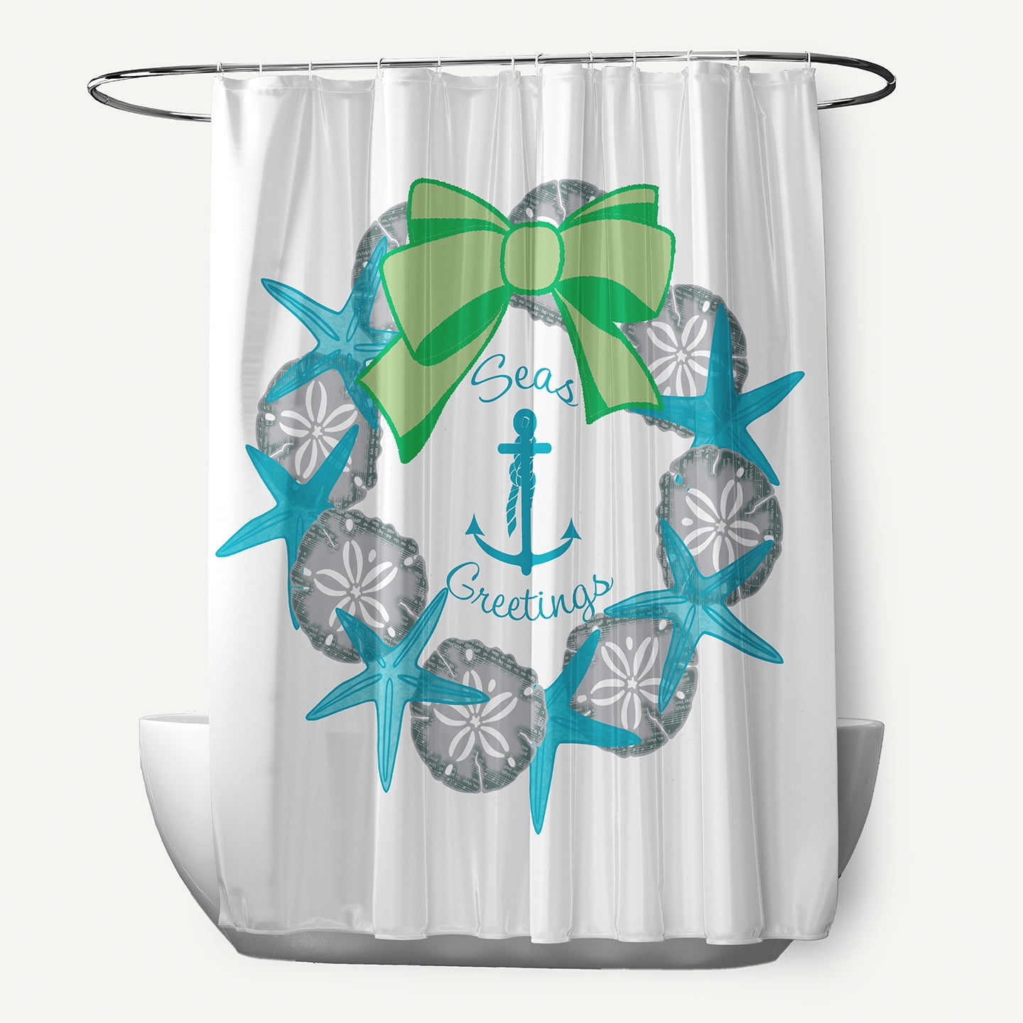 Simply Daisy 70" W x 73" L Seas and Greetings Wreath Polyester Shower Curtain, Turquoise [1 Ct]