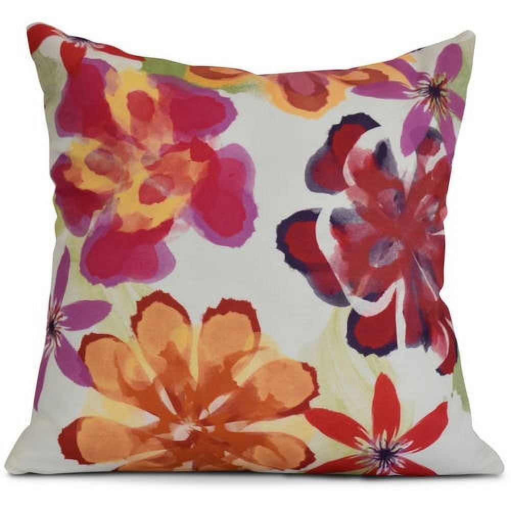 Red Floral Print Square Polyester Throw Pillow