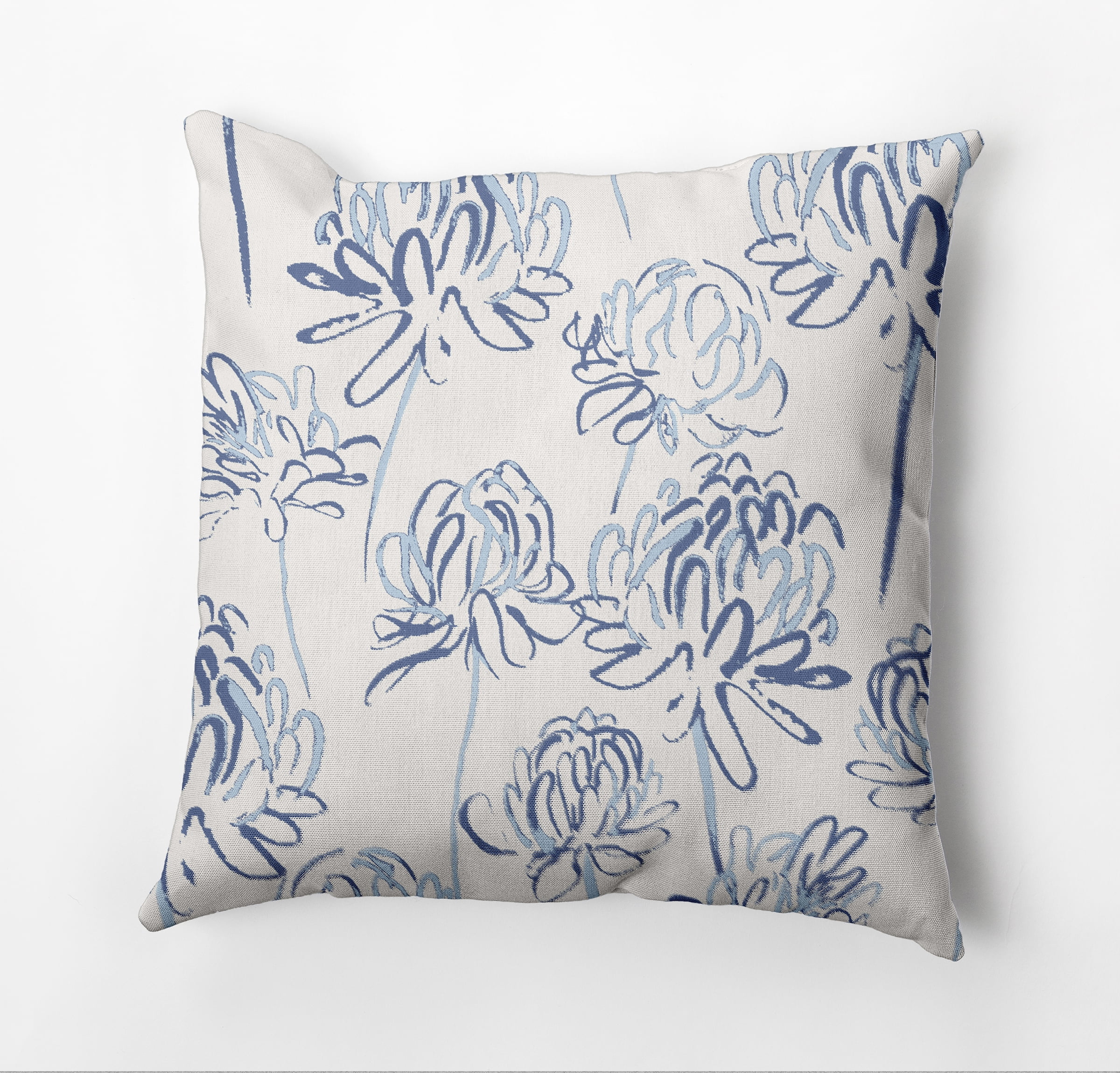 Blue and White Floral Cotton Square Throw Pillow