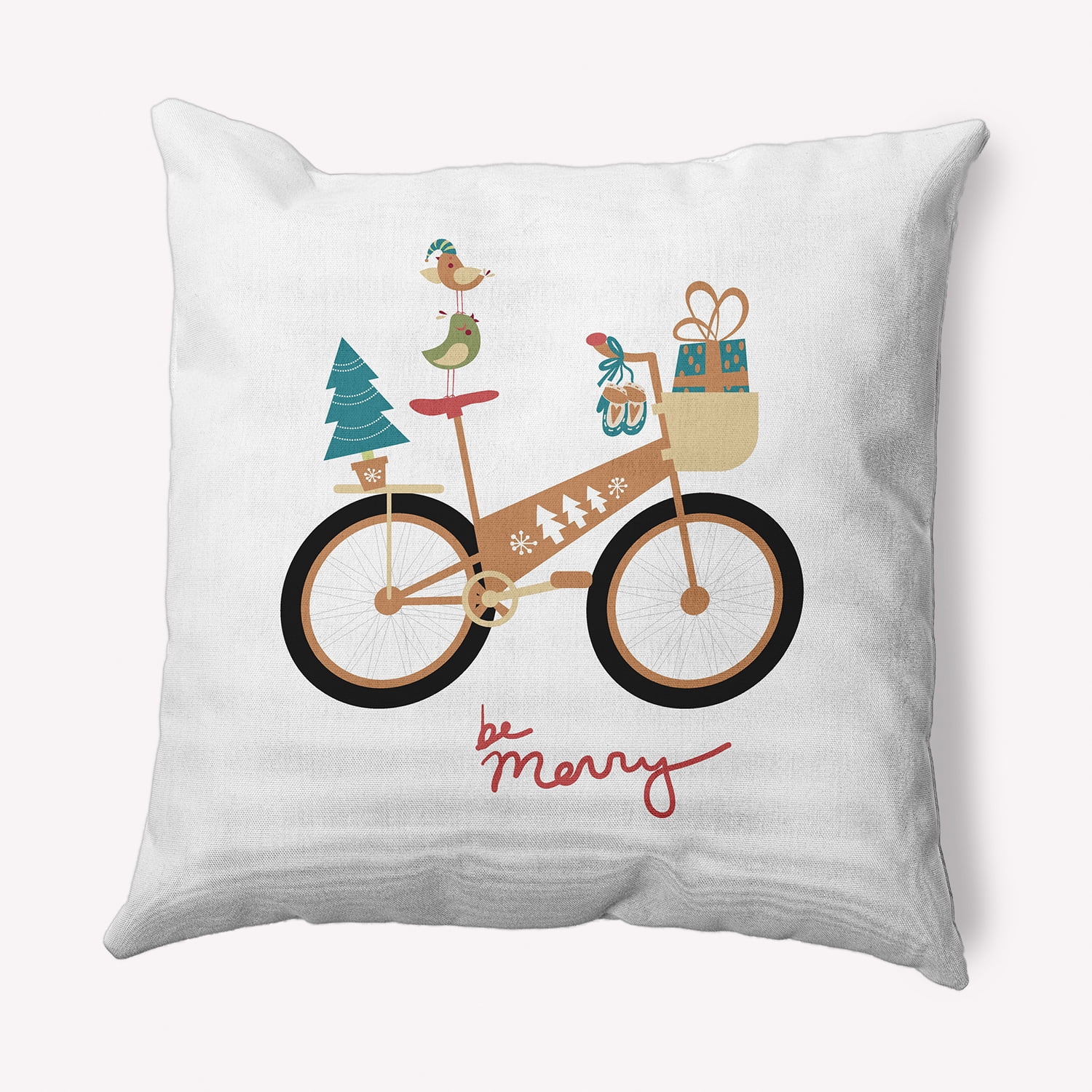 Simply Daisy Brown Colored Merry Bird Bike Christmas Soft Spun Polyester Indoor/Outdoor Throw Pillow, 18" x 18"