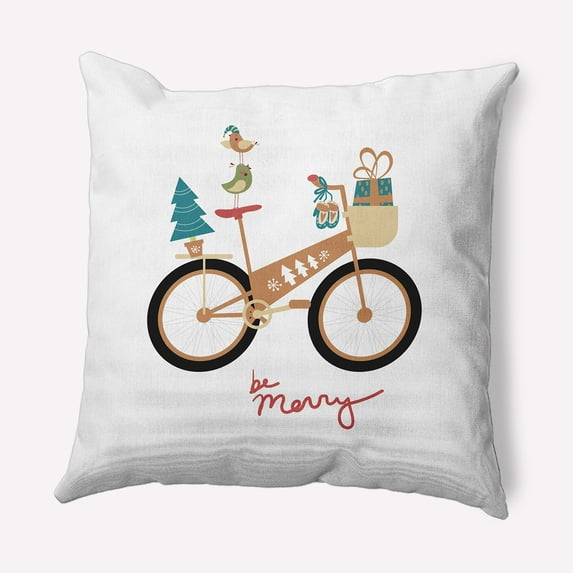 Simply Daisy Brown Colored Merry Bird Bike Christmas Soft Spun Polyester Indoor/Outdoor Throw Pillow, 20" x 20"