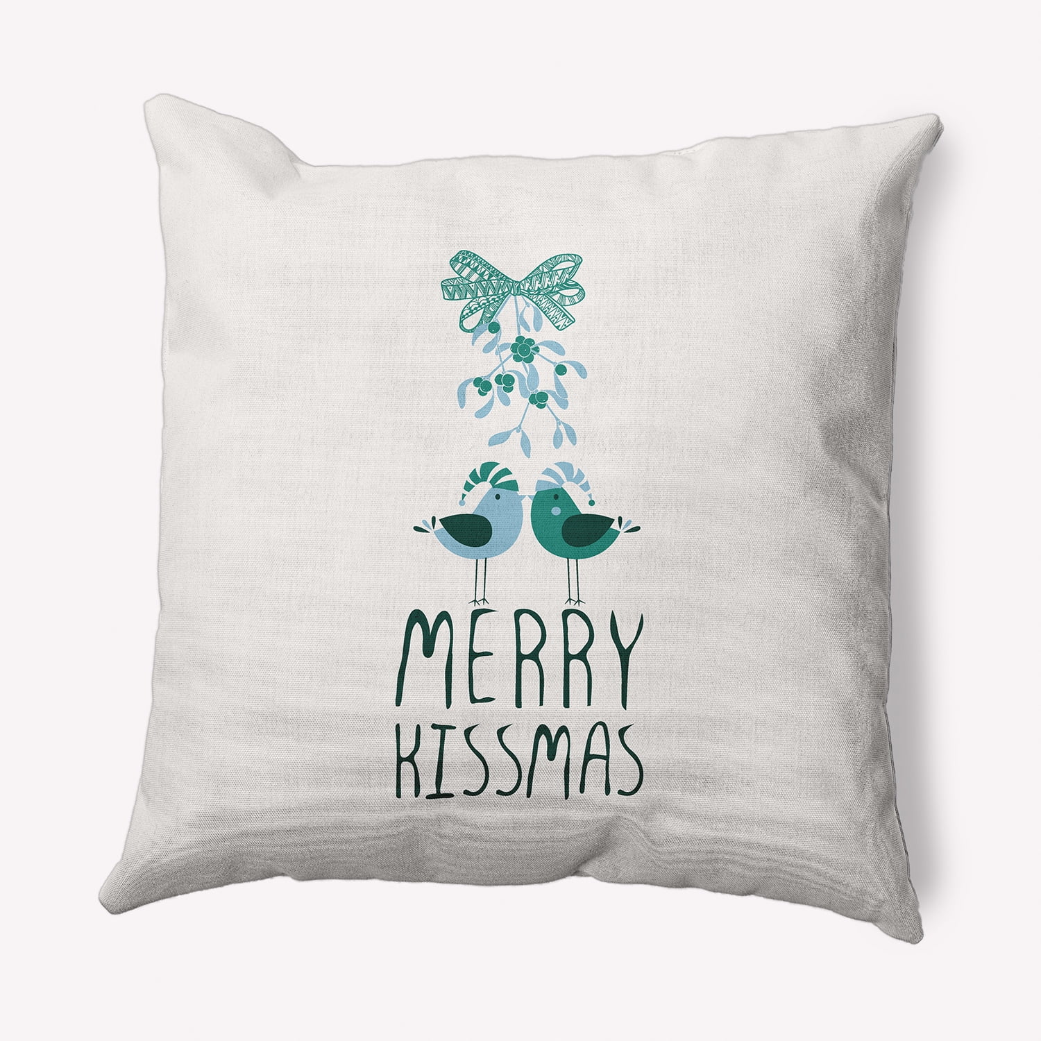 Simply Daisy Christmas Green Colored Merry Kissmas Christmas Soft Spun Polyester Indoor/Outdoor Throw Pillow, 16" x 16"
