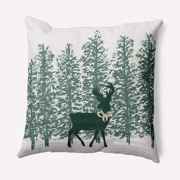 Simply Daisy Christmas Green Colored Reindeer Through the Woods Winter Soft Spun Polyester Indoor/Outdoor Throw Pillow, 16" x 16"