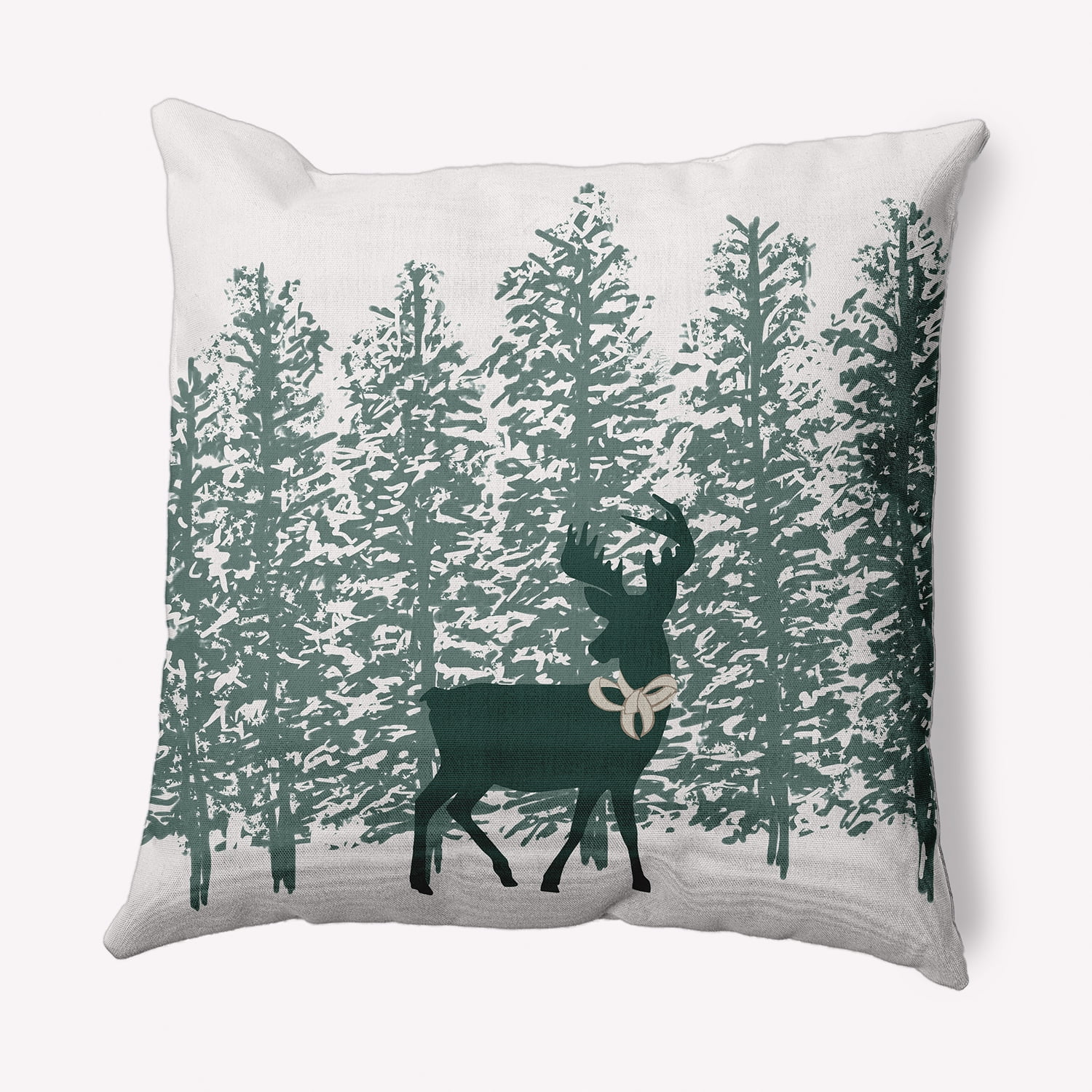 Simply Daisy Christmas Green Colored Reindeer Through the Woods Winter Soft Spun Polyester Indoor/Outdoor Throw Pillow, 20" x 20"
