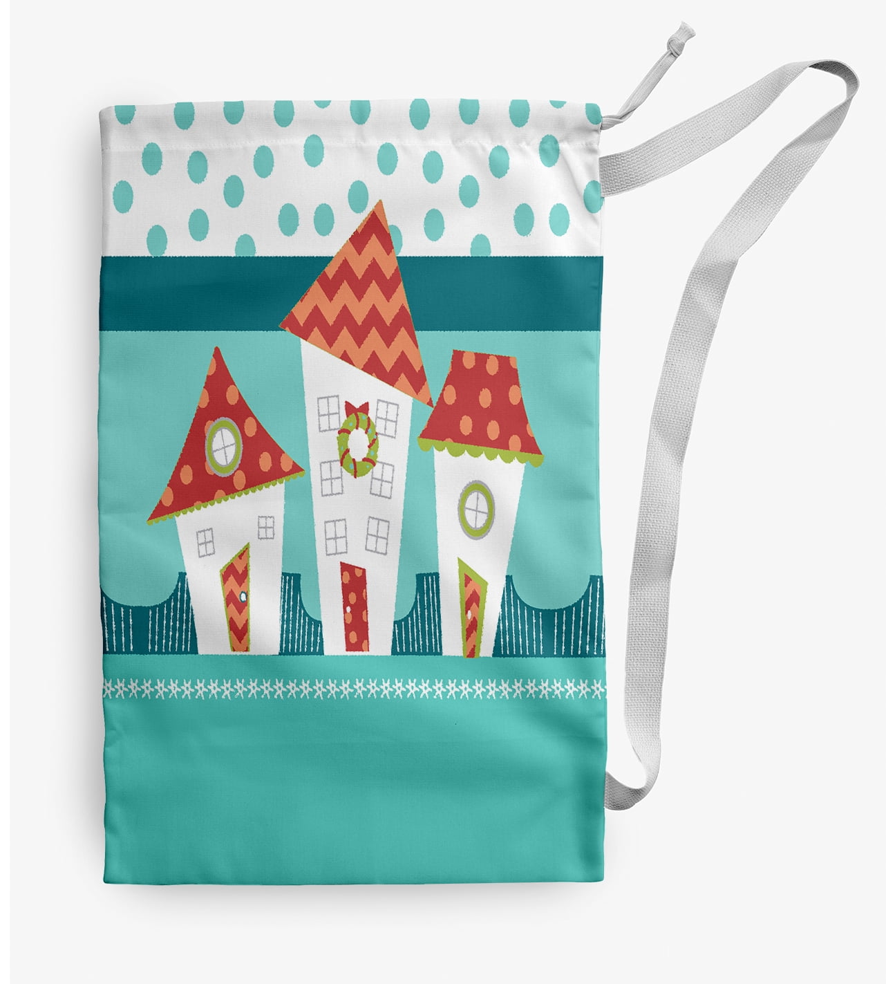 Simply Daisy Coastal Houses 28 x 36 in Teal Laundry Bag
