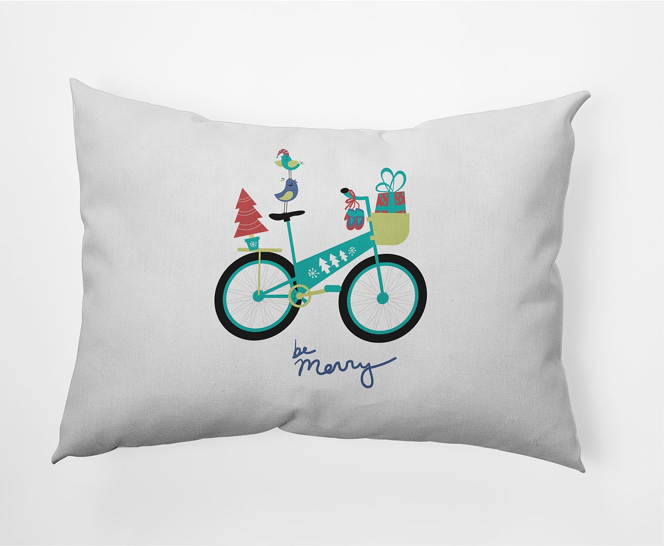 Simply Daisy Green Colored Merry Bird Bike Christmas Soft Spun Polyester Indoor/Outdoor Throw Pillow, 14" x 20"
