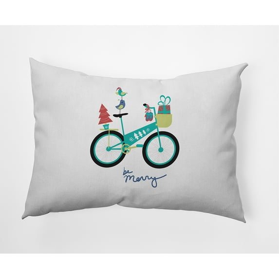 Simply Daisy Green Colored Merry Bird Bike Christmas Soft Spun Polyester Indoor/Outdoor Throw Pillow, 14" x 20"