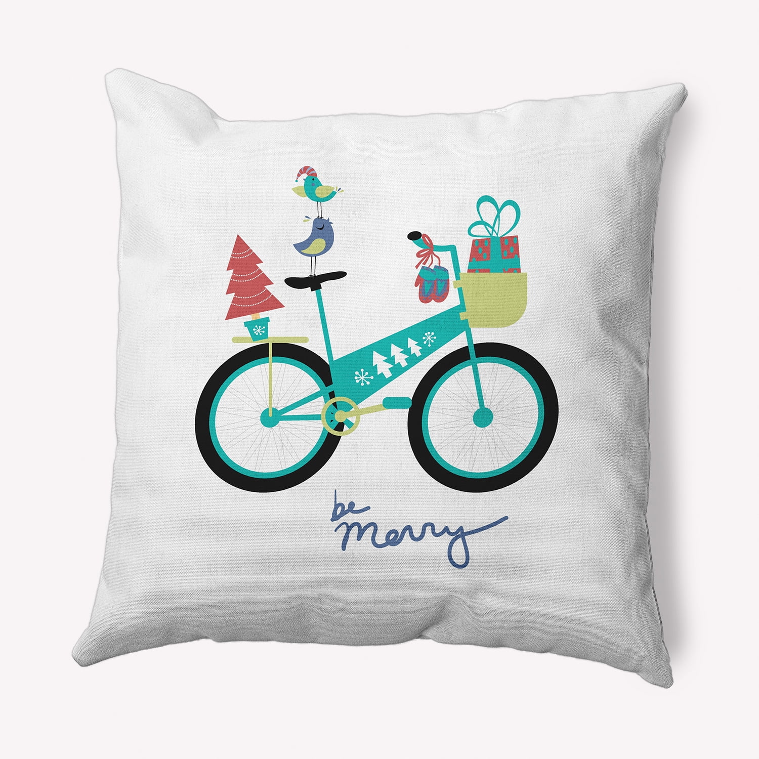 Simply Daisy Green Colored Merry Bird Bike Christmas Soft Spun Polyester Indoor/Outdoor Throw Pillow, 16" x 16"