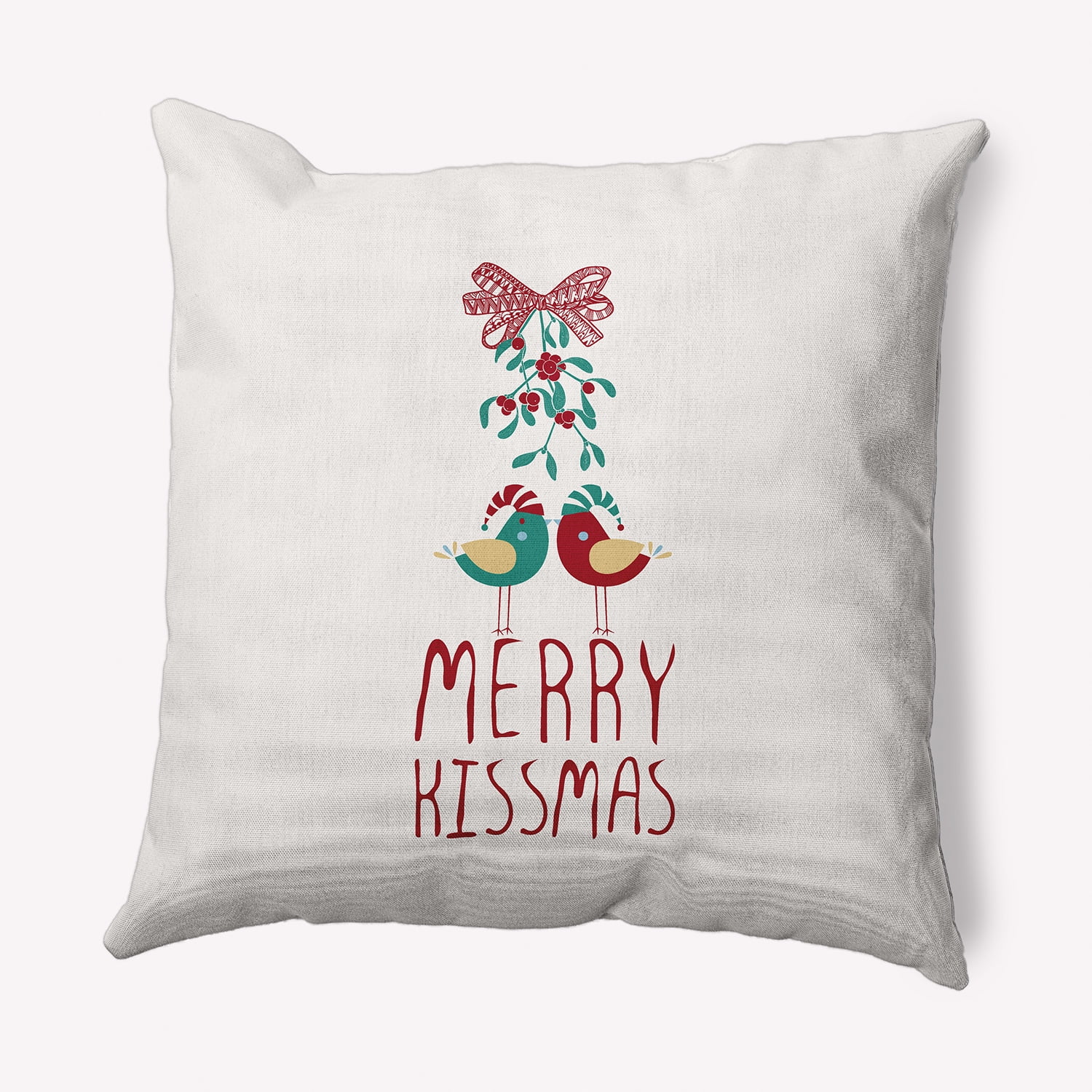 Simply Daisy Merry Red Colored Merry Kissmas Christmas Soft Spun Polyester Decorative Throw Pillow, 16" x 16"
