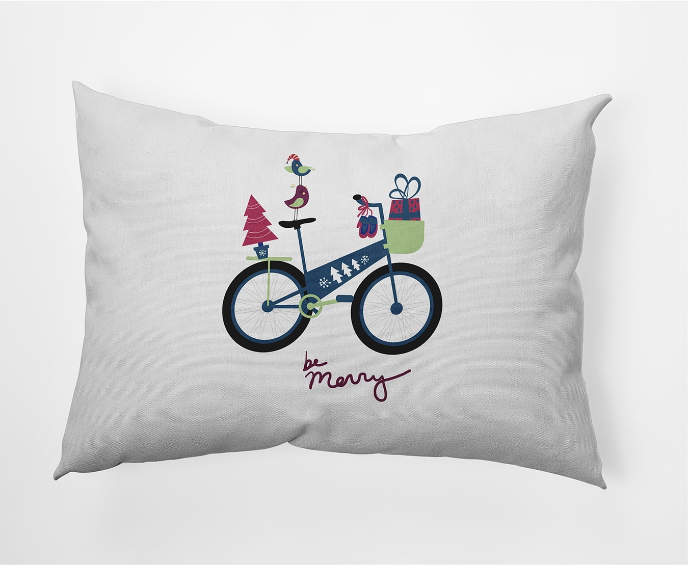Simply Daisy Multi Colored Merry Bird Bike Christmas Soft Spun Polyester Decorative Throw Pillow, 14" x 20"