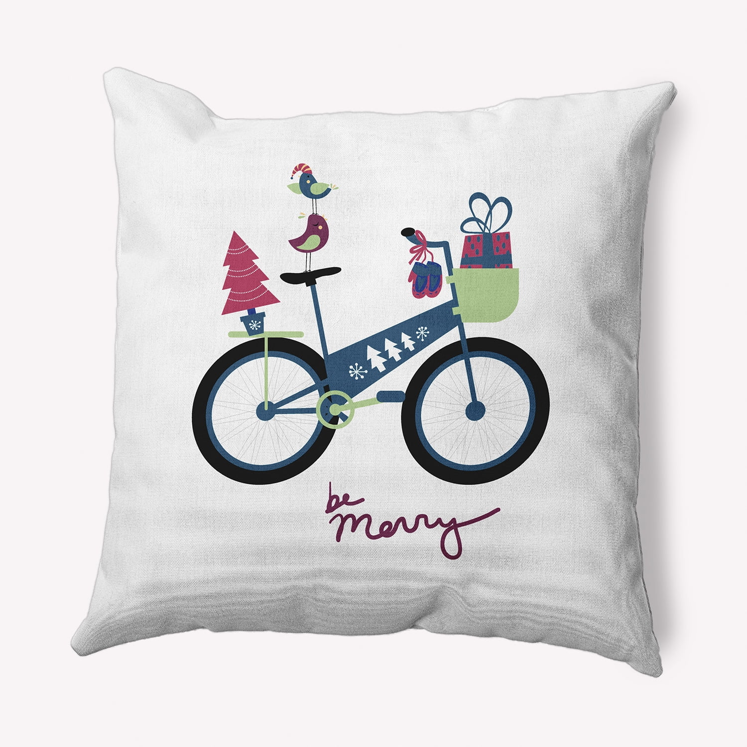 Simply Daisy Multi Colored Merry Bird Bike Christmas Soft Spun Polyester Decorative Throw Pillow, 20" x 20"