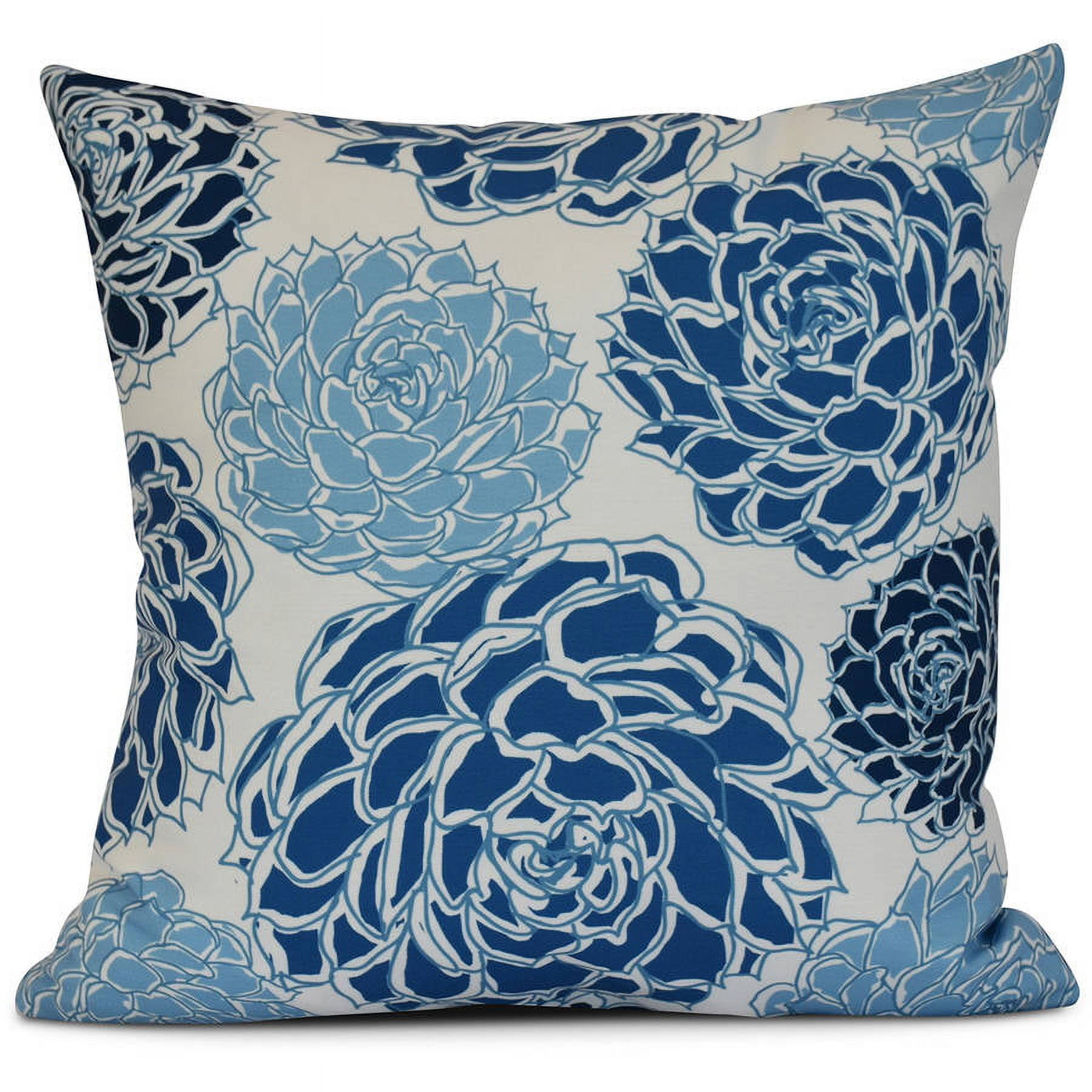 Blue and White Floral Print Square Throw Pillow