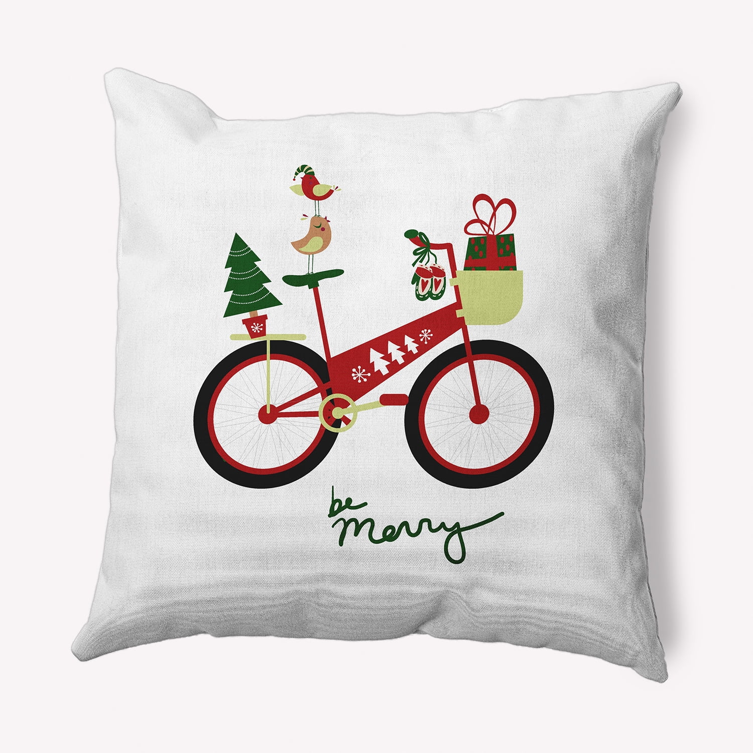 Simply Daisy Red Colored Merry Bird Bike Christmas Soft Spun Polyester Indoor/Outdoor Throw Pillow, 16" x 16"