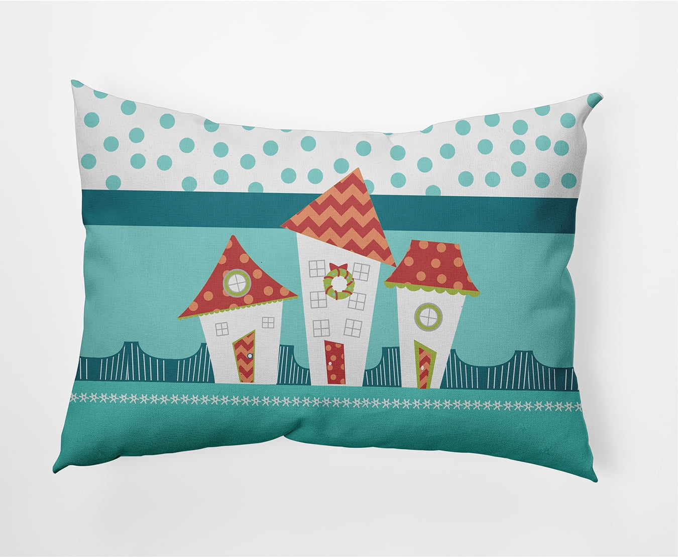 Simply Daisy Teal Colored Coastal Houses Christmas Soft Spun Polyester Decorative Throw Pillow, 14" x 20"