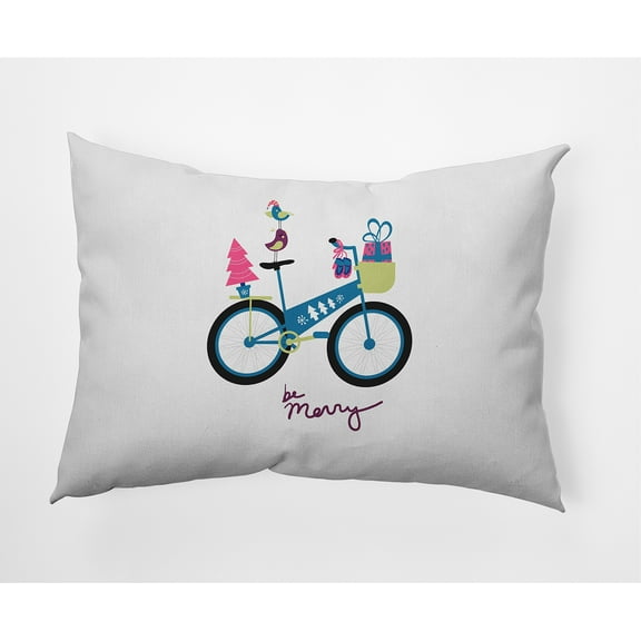 Simply Daisy Teal Colored Merry Bird Bike Christmas Soft Spun Polyester Decorative Throw Pillow, 14" x 20"