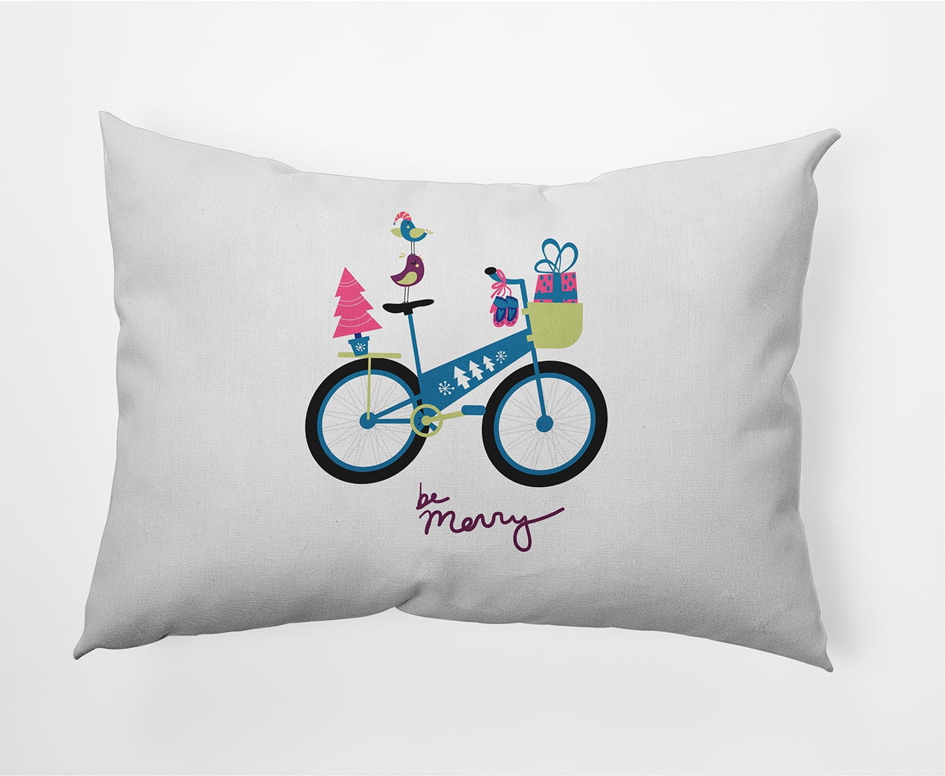 Simply Daisy Teal Colored Merry Bird Bike Christmas Soft Spun Polyester Indoor/Outdoor Throw Pillow, 14" x 20"