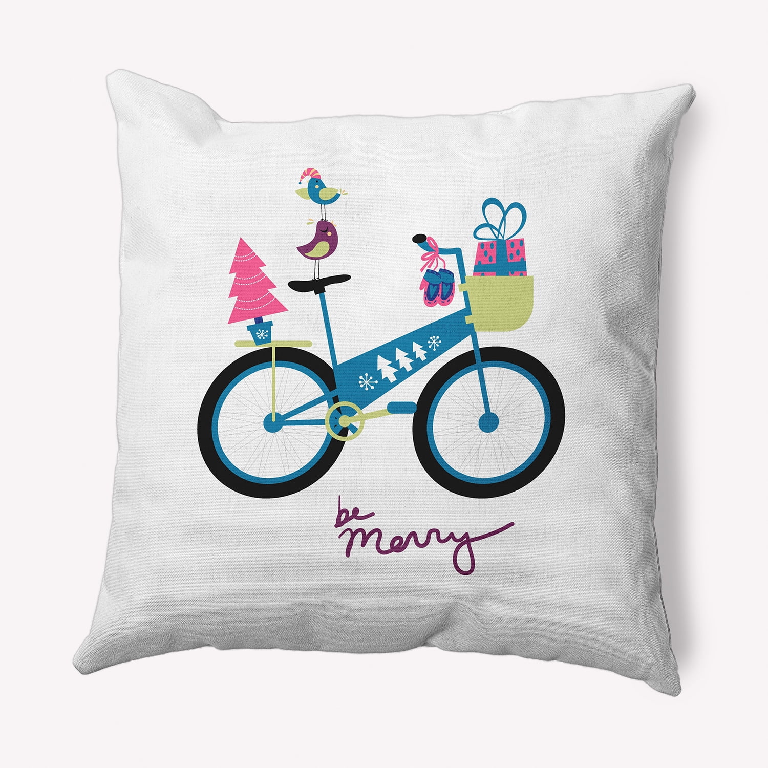 Simply Daisy Teal Colored Merry Bird Bike Christmas Soft Spun Polyester Indoor/Outdoor Throw Pillow, 18" x 18"