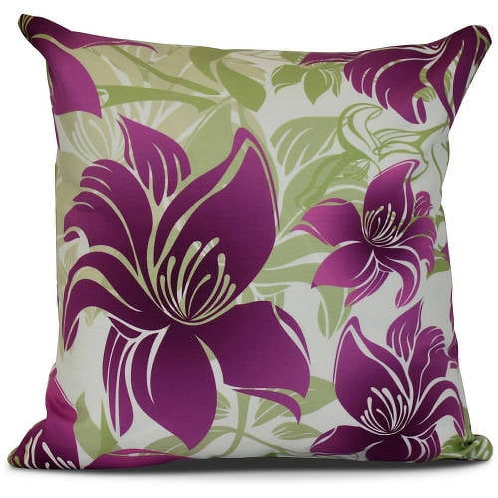 Purple and Green Floral Print Square Pillow, 18" x 18"