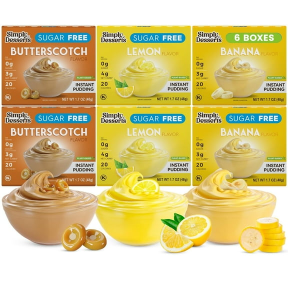 Simply Desserts Banana, Butterscotch & Lemon Instant Pudding, Sugar-Free, Variety 6-Pack Healthy Dessert, Keto Snacks, Vegan & Diabetic-Friendly, Kosher, 1.7 Oz Ea