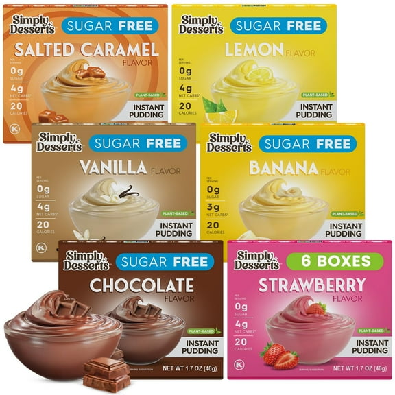 Simply Desserts Strawberry, Chocolate, Vanilla, Banana, Salted Caramel, Lemon Instant Pudding, Sugar-Free, Variety 6-Pack Healthy Dessert, Keto Snacks, Vegan & Diabetic-Friendly, Kosher, 1.7 Oz Ea