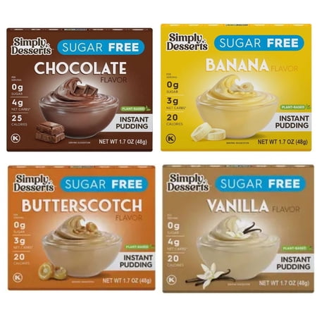 Simply Desserts Sugar Free Instant Pudding Mix Variety Pack of 4 (Chocolate, Butterscotch, Banana, Strawberry)
