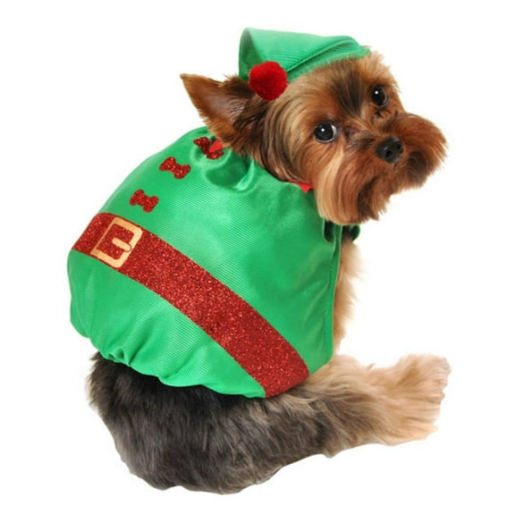 Simply Dog Costume Silky Green Glitter Elf Christmas Pet Outfit with Hat XS/S