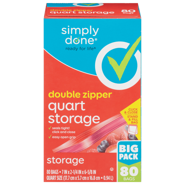 Simply Done Quart Storage Bags, Double Zipper Seal, 160 Total Count (2 x 80 Bags), Food & Freezer Safe, BPA-Free