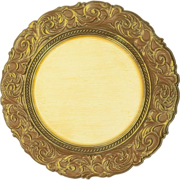 Simply Elegant Antique Look Plastic Charger Plate | Service Plate for Parties, Dinner, Weddings, Quinceaneras and Events | 13 inch Diameter | Gold- Gloss Finish | Set of 12