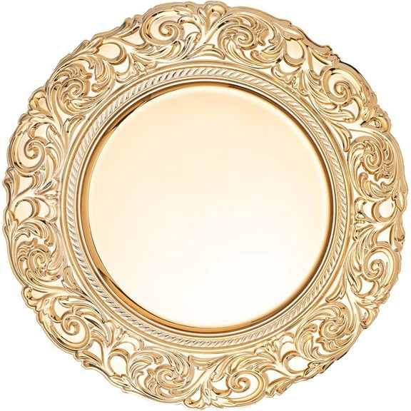 Simply Elegant Baroque with Filigree Plastic Charger Plate | Service Plate for Parties, Dinner, Weddings, Quinceaneras and Events | 14 inch Diameter | Gold- Gloss Finish | Set of 12
