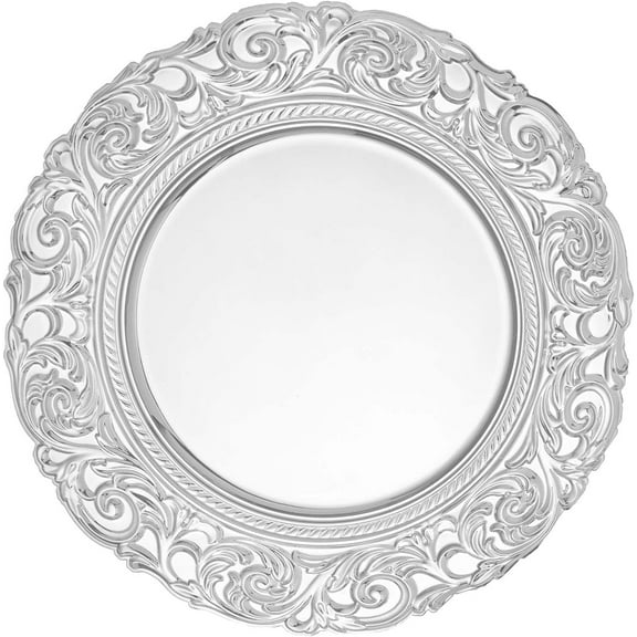 Simply Elegant Baroque with Filigree Plastic Charger Plate | Service Plate for Parties, Dinner, Weddings, Quinceaneras and Events | 14 inch Diameter | Silver- Gloss Finish | Set of 24