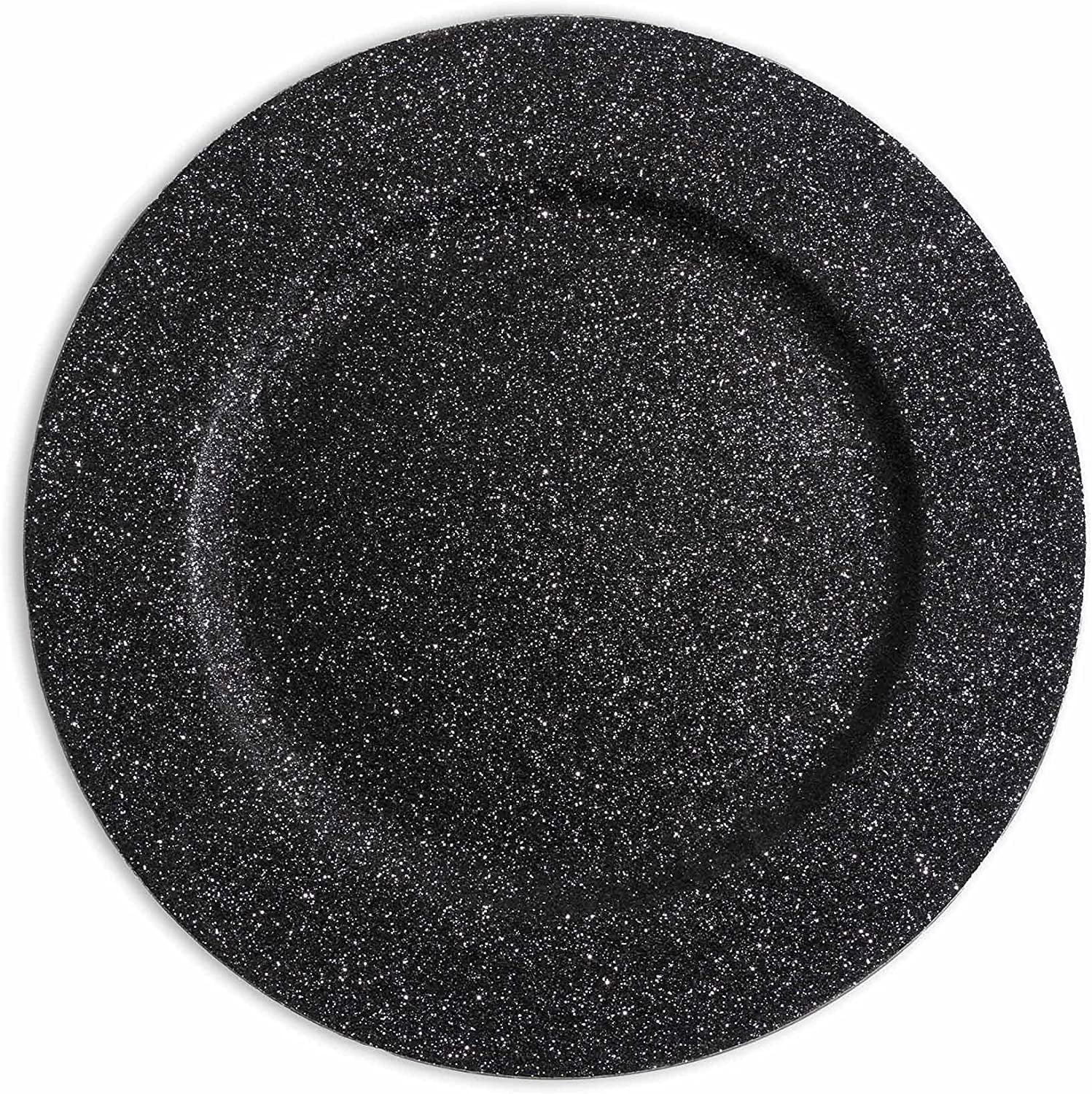 Simply Elegant Glitter Plastic Plastic Charger Plate | Service Plate for Parties, Dinner, Weddings, Quinceaneras and Events | 13 inch Diameter | Black- Gloss Finish | Set of 12