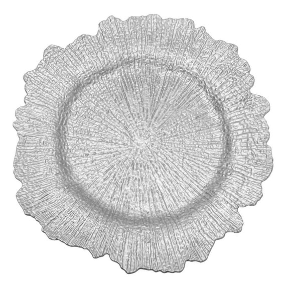 Simply Elegant Large Reef Plastic Charger Plate | Service Plate for Parties, Dinner, Weddings, Quinceaneras and Events | 14 inch Diameter | Silver- Gloss Finish | Set of 12
