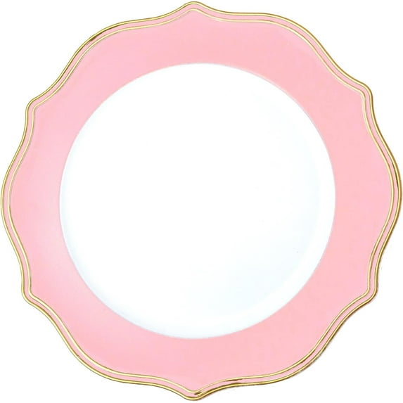 Simply Elegant Scalloped with Gold Trim Plastic Charger Plate | Service Plate for Parties, Dinner, Weddings, Quinceaneras and Events | 13 inch Diameter | Pink | Set of 12