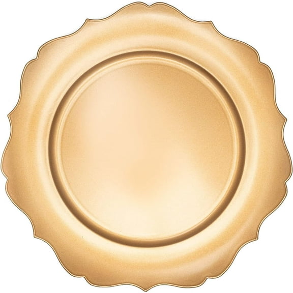 Simply Elegant Scalloped Plastic Charger Plate | Service Plate for Parties, Dinner, Weddings, Quinceaneras and Events | 13 Inch Diameter | Gold- Gloss Finish | Set of 24