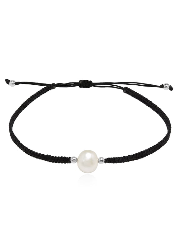 Simply Elegant Single Pearl on Black Cotton Rope Slide Bracelet
