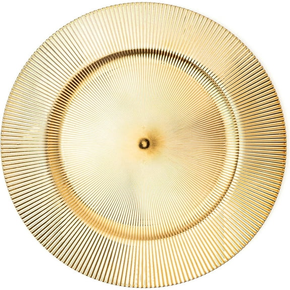 Simply Elegant Stripe Etched Plastic Charger Plate | Service Plate for Parties, Dinner, Weddings, Quinceaneras and Events | 13 inch Diameter | Gold- Gloss Finish | Set of 12