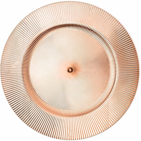 Simply Elegant Stripe Etched Plastic Charger Plate | Service Plate for Parties, Dinner, Weddings, Quinceaneras and Events | 13 inch Diameter | Rose Gold- Gloss Finish | Set of 24