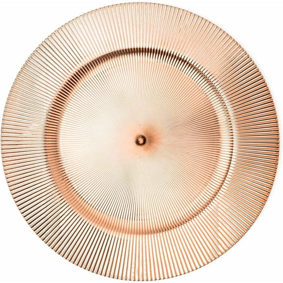 Simply Elegant Stripe Etched Plastic Charger Plate | Service Plate for Parties, Dinner, Weddings, Quinceaneras and Events | 13 inch Diameter | Rose Gold- Gloss Finish | Set of 12