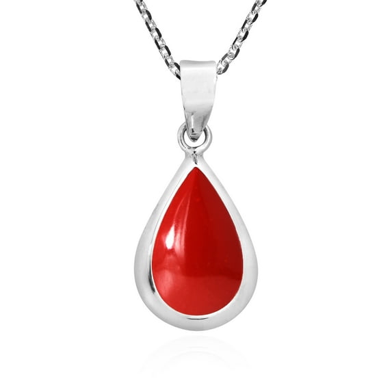Simply Elegant Teardrop Red Coral Inlay Sterling Silver Pendant Necklace