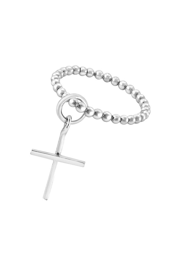 Simply Faithful Dangle Little Cross Eternity Bead Ball Sterling Silver Ring-9