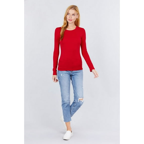 Simply Fashion Active Basic CrewNeck LongSleeve Slim Fit Cotton Tshirts,red,large