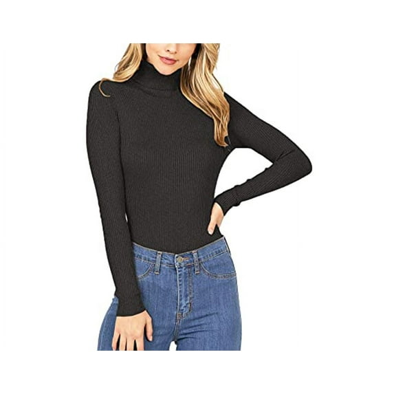 Simply Fashion Ambiance Women's Ribbed Long Sleeve Turtleneck Top Dark Grey,small
