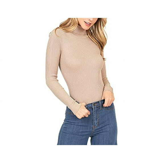 Simply Fashion Ambiance Women's Ribbed Long Sleeve Turtleneck Top Khaki,large