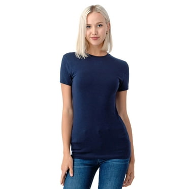 Simply Fashion Basic Crewneck Short Sleeve T-Shirts - Stretch Cotton Spandex,Navy,Large