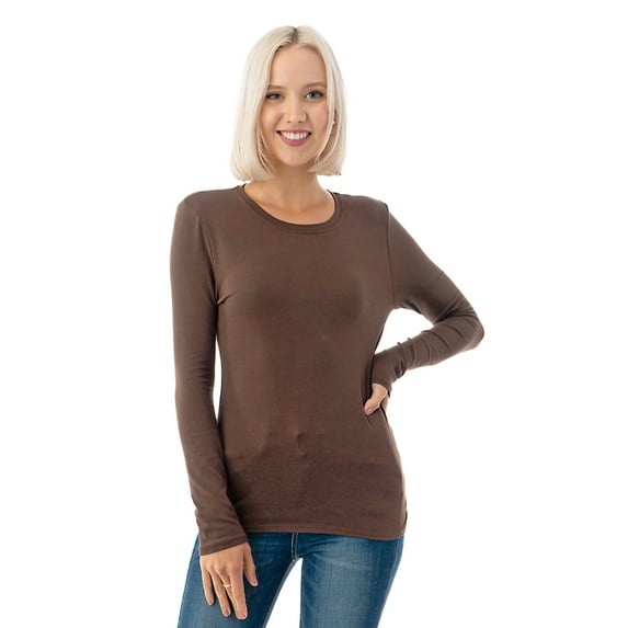 Simply Fashion Basic Round Crew Neck Long Sleeve T-Shirts - Stretch Cotton Spandex Brown-Medium