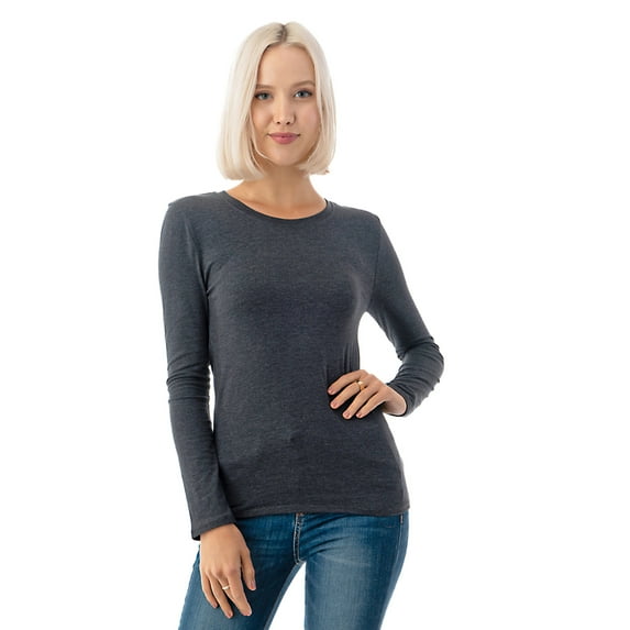 Simply Fashion Basic Round Crew Neck Long Sleeve T-Shirts - Stretch Cotton Spandex Charcoal-Xlarge