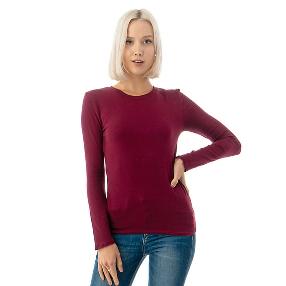 Simply Fashion Basic Round Crew Neck Long Sleeve T-Shirts - Stretch Cotton Spandex D.Burgundy-Small