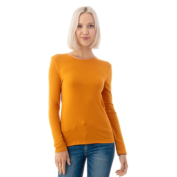 Simply Fashion Basic Round Crew Neck Long Sleeve T-Shirts - Stretch Cotton Spandex D.Mustard-Large