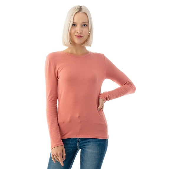 Simply Fashion Basic Round Crew Neck Long Sleeve T-Shirts - Stretch Cotton Spandex D.Rose-Medium